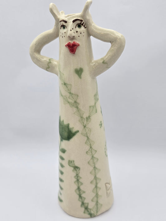 Green & White Folk lady with freckles